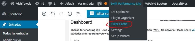 Limpiar caché del plugin Swift Performance